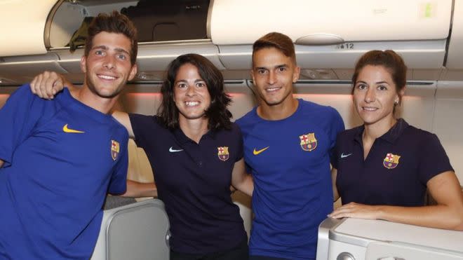 Cattle class: The Barca women were in the back as the men enjoyed Business Class