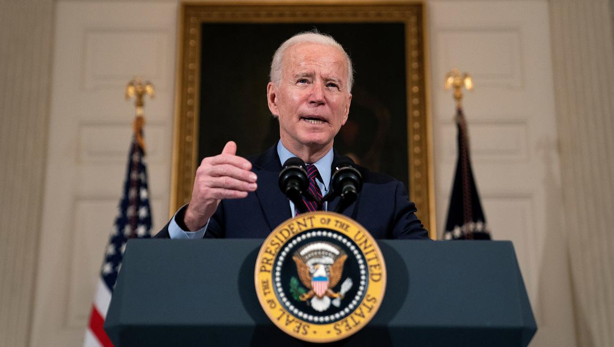 President Joe Biden took to the podium on Friday to make remarks on the state of the economy amid the pandemic and the need for his ambitious American Rescue Plan. (Photo: Pool via Getty Images)