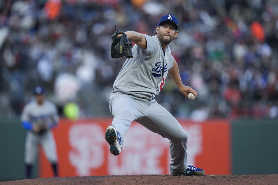 Los Angeles Dodgers pitcher Clayton Kershaw throws to a San Francisco Giants batter during the first inning of a baseball game in San Francisco, Wednesday, April 12, 2023. (AP Photo/Godofredo A. Vásquez)