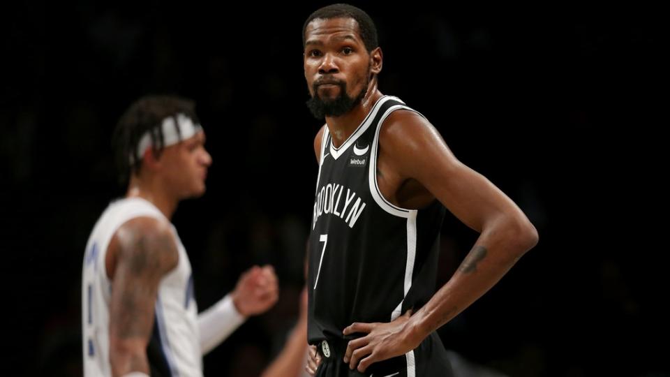 Nov 28, 2022; Brooklyn, New York, USA; Brooklyn Nets forward Kevin Durant (7) reacts during the first quarter against the Orlando Magic at Barclays Center.