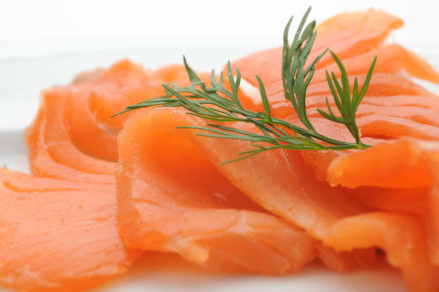Close-up of smoked salmon served with dill