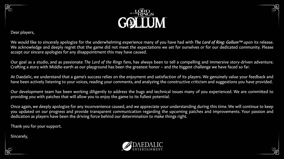 El nombre de The Lord of the Rings: Gollum está mal escrito al inicio del texto