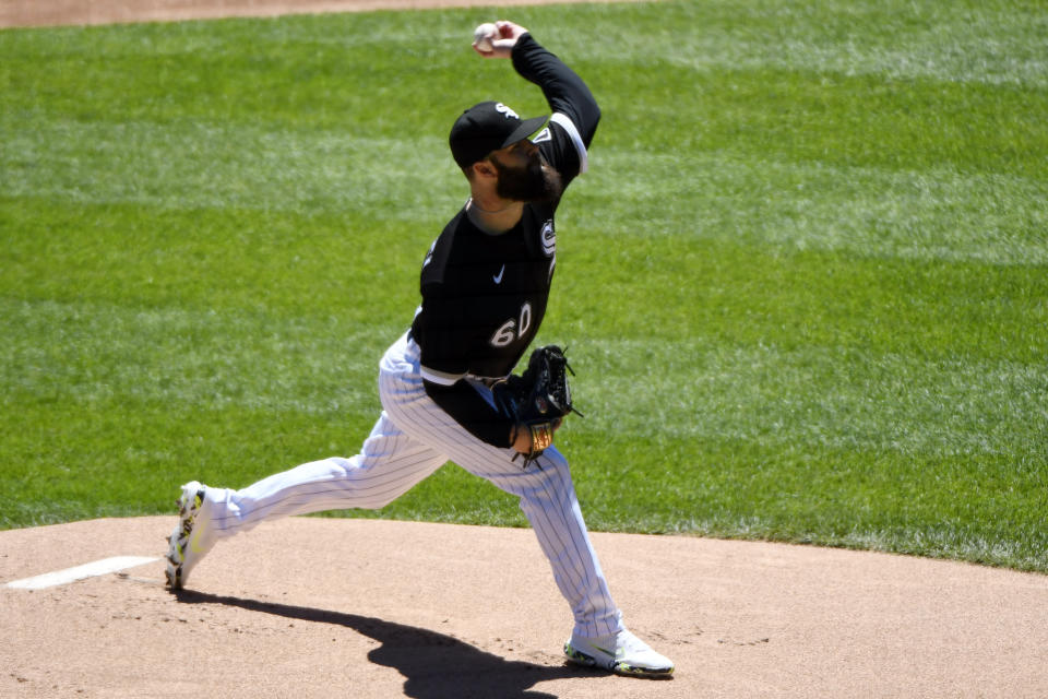 Chicago White Sox starting pitcher Dallas Keuchel (60) delivers during the first inning in the first baseball game of a doubleheader against the Baltimore Orioles, Saturday, May 29, 2021, in Chicago. (AP Photo/Matt Marton)