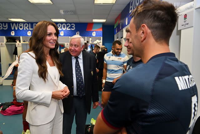<p>Dan Mullan/Getty</p> Kate Middleton attends Rugby World Cup France 2023