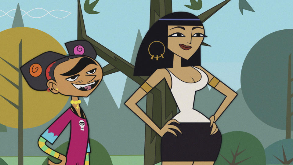 This image released by Max shows animated characters Frida Kahlo, voiced by Vicci Martinez, left, and Cleopatra, voiced by Mitra Jouhari, in a scene from "Clone High." (Max via AP)