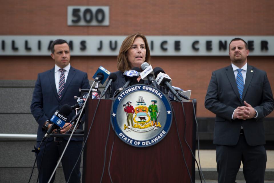 Attorney General Kathy Jennings speaks at a press conference on Monday, Oct. 11, 2021, in front of the Leonard L. Williams Justice Center.