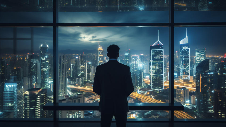 An executive looking out a skyscraper window overlooking a city skyline of connected lights.