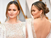 <p>If you're more indecisive about your hairstyle than you were picking out your dress, you can do no wrong with a retro-inspired low chignon like the updo Chrissy Teigen wore to the Oscars. </p> <p>Teigen's stylist Jen Atkin prepped her damp hair with Ouai's Wave Spray ($26; <a rel="nofollow noopener" href="http://www.sephora.com/wave-spray-P406665" target="_blank" data-ylk="slk:sephora.com;elm:context_link;itc:0;sec:content-canvas" class="link ">sephora.com</a>) through the mid-ends and Christophe Robin's Instant Volumizing Mist ($39; <a rel="nofollow noopener" href="http://www.sephora.com/instant-volumizing-mist-with-rosewater-P401466" target="_blank" data-ylk="slk:sephora.com;elm:context_link;itc:0;sec:content-canvas" class="link ">sephora.com</a>) at the roots. She blow-dried Teigen's hair using a round brush and Dyson's Supersonic Hair Dryer ($399; <a rel="nofollow noopener" href="http://www.sephora.com/supersonic-hair-dryer-P410214" target="_blank" data-ylk="slk:sephora.com;elm:context_link;itc:0;sec:content-canvas" class="link ">sephora.com</a>) with the styling concentrator nozzle to build extra volume around the face. After adding in a hair piece for extra fullness, Atkin sprayed Ouai's Texturizing Hair Spray ($26; <a rel="nofollow noopener" href="http://www.sephora.com/texturizing-hair-spray-P406666" target="_blank" data-ylk="slk:sephora.com;elm:context_link;itc:0;sec:content-canvas" class="link ">sephora.com</a>) from roots to ends for texture, and curled Teigen's ends with the Beachweaver S1 Curling Iron ($130; <a rel="nofollow noopener" href="http://www.target.com/p/sarahpotempa-beachwaver-s1/-/A-16713973" target="_blank" data-ylk="slk:target.com;elm:context_link;itc:0;sec:content-canvas" class="link ">target.com</a>) to create natural bends. Letting the hair fall around Teigen's face naturally, the pro twisted her hair into a chignon and pinned it in place. A spritz of Rita Hazan's Root Concealer in Dark Brown/Black ($25; <a rel="nofollow noopener" href="http://www.sephora.com/root-concealer-touch-up-spray-temporary-gray-coverage-P282611?skuId=1765536" target="_blank" data-ylk="slk:sephora.com;elm:context_link;itc:0;sec:content-canvas" class="link ">sephora.com</a>) along the hairline and a veil of Kevin Murphy's Sesson.Spray Strong Hold Hairspray (<a rel="nofollow noopener" href="http://kevinmurphy.com.au/product/session-spray/" target="_blank" data-ylk="slk:kevinmurphy.com.au;elm:context_link;itc:0;sec:content-canvas" class="link ">kevinmurphy.com.au </a>for salons) completed the look. </p>