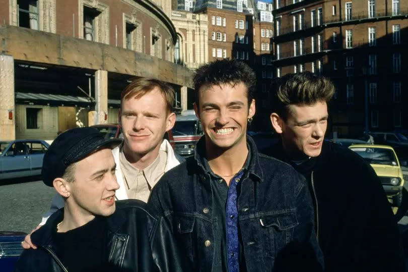 Wet Wet Wet (L-R) Neil Mitchell, Tommy Cunningham, Marti Pellow and Graeme Clark pose ahead of the Brit Awards at the Royal Albert Hall in London, England on February 8, 1988