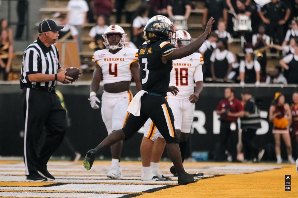 Frank Gore Jr. celebrates a touchdown in a Southern Miss football game versus ULM on Nov. 4, 2023.