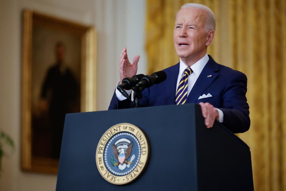 U.S. President Joe Biden makes an opening statement during a news conference in the East Room of the White House on January 19, 2022 in Washington, DC. With his approval rating hovering around 42-percent, Biden is approaching the end of his first year in the Oval Office with inflation rising, COVID-19 surging and his legislative agenda stalled on Capitol Hill.