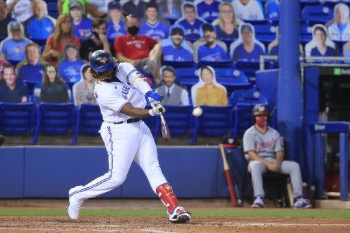 小葛雷諾（Vladimir Guerrero Jr.）單場三響砲、灌進7分打點。法新社