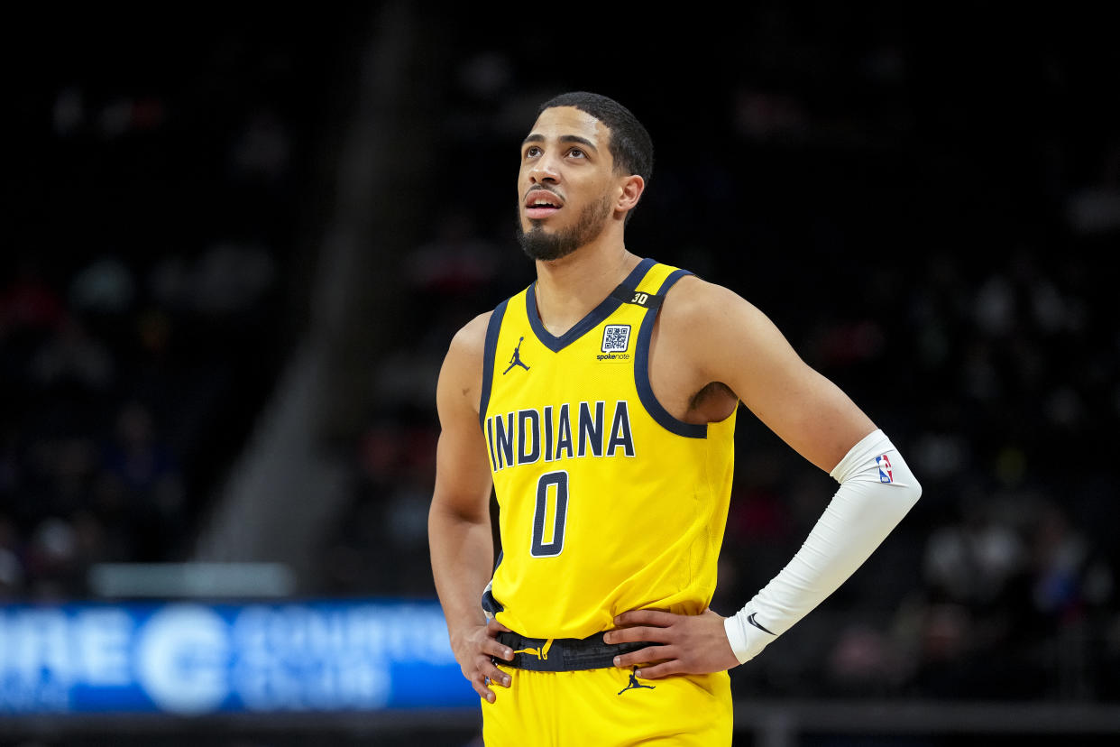 DETROIT, MICHIGAN - MARCH 20: Tyrese Haliburton #0 of the Indiana Pacers looks on against the Detroit Pistons at Little Caesars Arena on March 20, 2024 in Detroit, Michigan. NOTE TO USER: User expressly acknowledges and agrees that, by downloading and or using this photograph, User is consenting to the terms and conditions of the Getty Images License Agreement. (Photo by Nic Antaya/Getty Images)