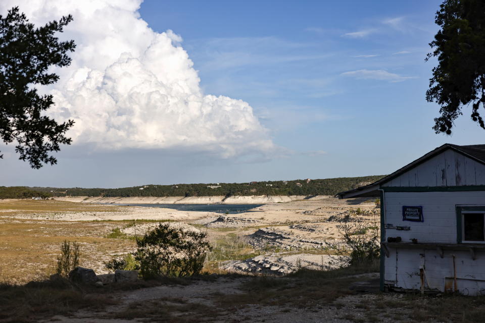 A general view shows low water levels at Medina Lake outside of San Antonio as majority of Texas experiences drought amid an extreme heat wave hitting the state, in Medina County, Texas, U.S., June 18, 2022. Picture taken June 18, 2022. REUTERS/Jordan Vonderhaar