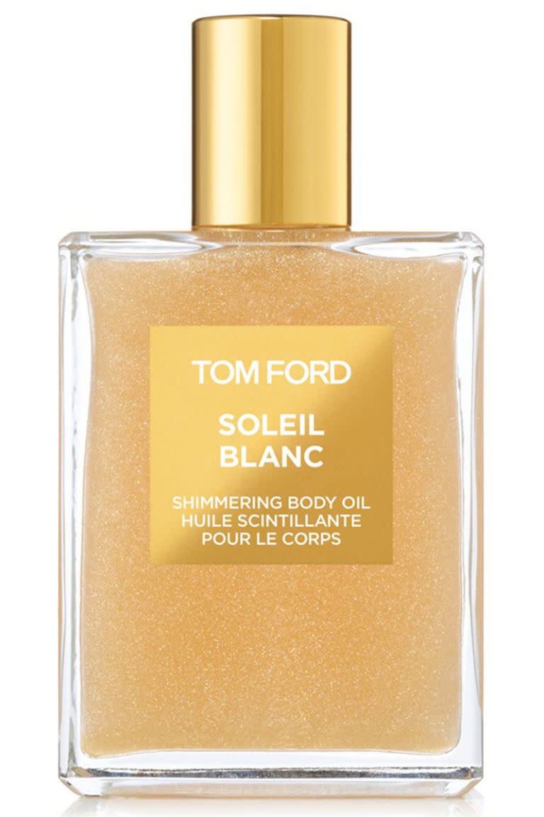 <p>Before applying a bronzer or dry body oil, Charlotte Tilbury recommends using "a light, natural-looking foundation to even out the skin tone on areas of your body."</p><p><strong>Tom Ford</strong> Soleil Blanc Shimmering Body Oil, $98, <a rel="nofollow noopener" href="http://shop.nordstrom.com/s/tom-ford-soleil-blanc-shimmering-body-oil/4295351?cm_mmc=Google_Product_Ads_pla_online-_-datafeed-_-women%3Afragrance%3Alotion-_-5123600&%3Bcountry=US&%3Bcurrency=USD&mr%3AreferralID=71e50bc3-318d-11e6-a45f-0050569406b5&gclid=CILI9rPFpc0CFQ4zaQodZ5YHMQ" target="_blank" data-ylk="slk:nordstrom.com;elm:context_link;itc:0;sec:content-canvas" class="link ">nordstrom.com</a>.</p>