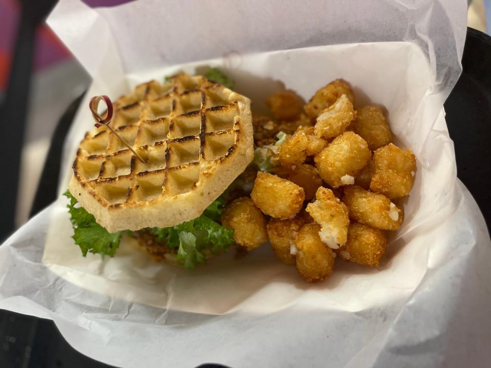 Chicken and waffles with tater tots from Universal Orlando