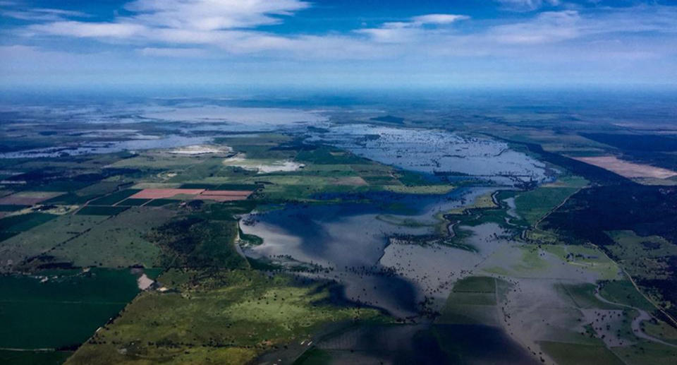 Aerial picture of Lake Cowal in October 2016 after floods in Central NSW. Source: Farmer From Down Under Photography/ Facebook