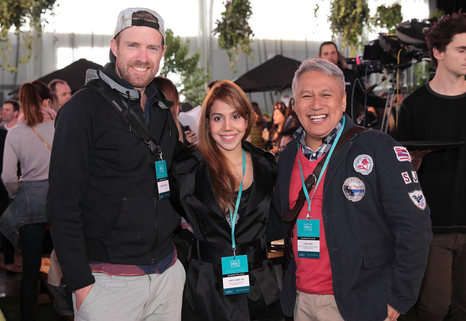 HOBART, AUSTRALIA - NOVEMBER 14:  (L-R) Anis Nabilah from Malaysia, Mark Alston and Chef Wan attend the Restaurant Australia Marketplace event at Macquarie Wharf on November 14, 2014 in Hobart, Australia. The Restaurant Australia Marketplace is the official press event of Invite The World To Dinner, Tourism Australia's global campaign Restaurant Australia. 86 international food and wine influencers were selected to enjoy some of the best Australian food and wine experiences, culminating in the Invite The World To Dinner Gala event at MONA in Hobart. The campaign aims to increase awareness of Australia's food and wine offering to increase international tourism.  (Photo by Robert Prezioso/Getty Images)