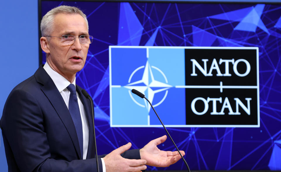 BRUSSELS, BELGIUM - APRIL 04: North Atlantic Treaty Organization (NATO) Secretary General Jens Stoltenberg holds a press conference at NATO Headquarters in Brussels, Belgium on April 04, 2023. (Photo by Dursun Aydemir/Anadolu Agency via Getty Images)