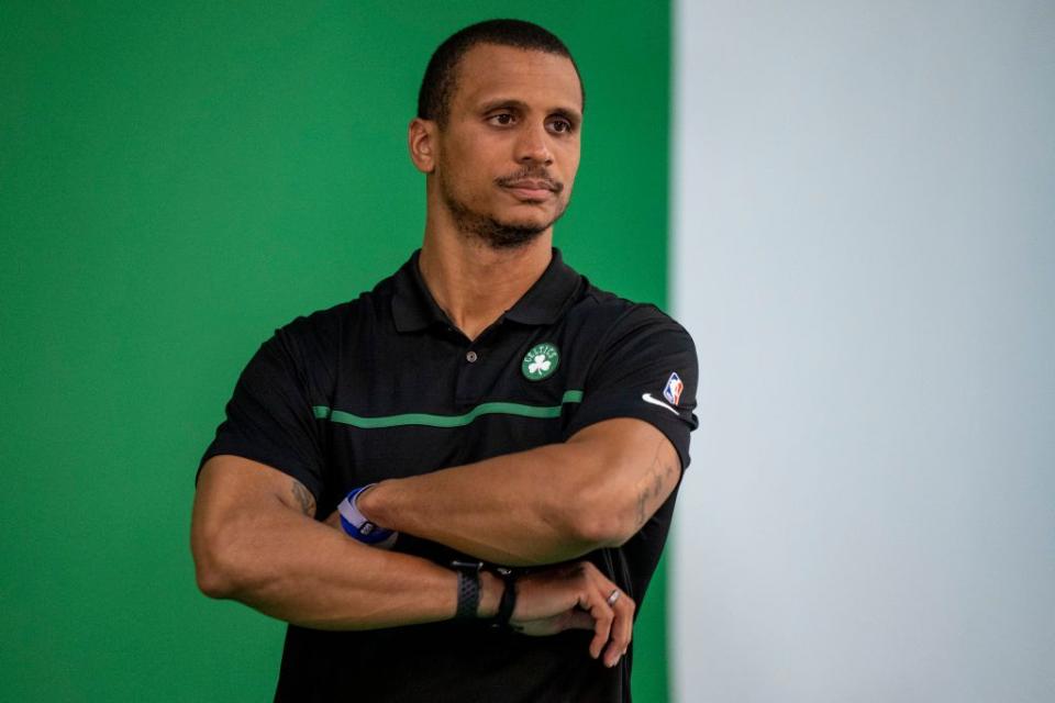 CANTON, MA - SEPTEMBER 26:  Interim head coach Joe Mazzulla of the Boston Celtics poses for photos during Boston Celtics Media Day at High Output Studios on September 26, 2022 in Canton, Massachusetts. NOTE TO USER: User expressly acknowledges and agrees that, by downloading and/or using this photograph, user is consenting to the terms and conditions of the Getty Images License Agreement. (Photo by Maddie Malhotra/Getty Images)