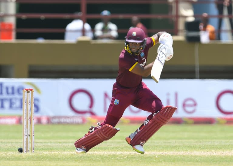 Shai Hope of West Indies hits 4 during the 3rd and final ODI match between West Indies and Pakistan at Guyana National Stadium, Providence, Guyana, April 11, 2017