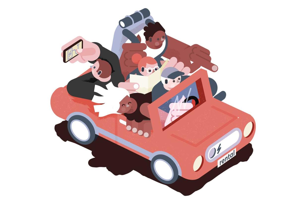 Illustration showing a rental car packed full of people