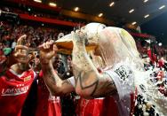 FILE PHOTO: Union Berlin players celebrate after winning their Bundesliga relegation/promotion playoff against VfB Stuttgart at the Stadion An der Alten Forsterei in Berlin, Germany