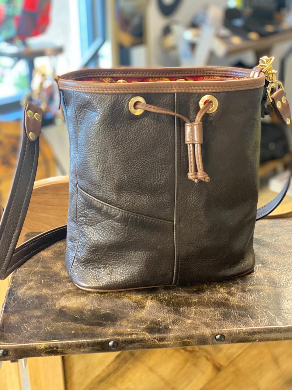 A handbag transformed from a leather jacket by Bill Laudon at his shop, Alan James Co.