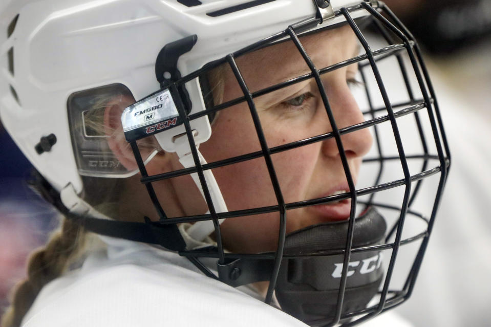 In this photo taken Monday, Nov. 4, 2019, Kendall Coyne-Schofield, a member of the U.S. Women's National hockey team, goes through drills during their practice in Cranberry Township, Butler County, Pa. While the WNBA continues to grow and women's professional soccer is capitalizing off a World Cup bump, women's hockey remains at a standstill with top players opting not to play professionally in North America in hopes of eventually creating a sustainable league with salaries that allow them to focus on their game and not just getting by. "For me, my clock is ticking," Schofield said. "But if I can leave this game better than it was, that's what's most important." (AP Photo/Keith Srakocic)