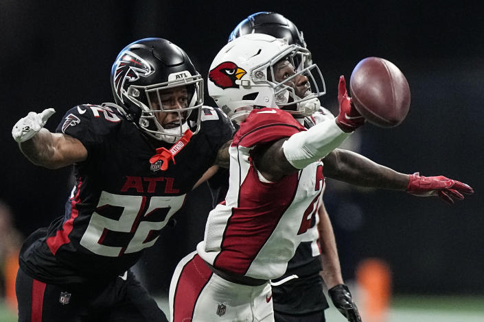 Arizona Cardinals wide receiver Marquise Brown (2) misses the pass against Atlanta Falcons cornerback Cornell Armstrong (22) during the second half of an NFL football game, Sunday, Jan. 1, 2023, in Atlanta. (AP Photo/Brynn Anderson)