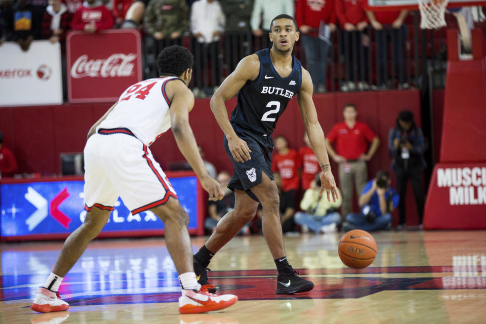 Butler guard Aaron Thompson (2) looks to pass the ball during the first half of an NCAA college basketball game against St. John's, Tuesday, Dec. 31, 2019, in New York. (AP Photo/Julius Constantine Motal)