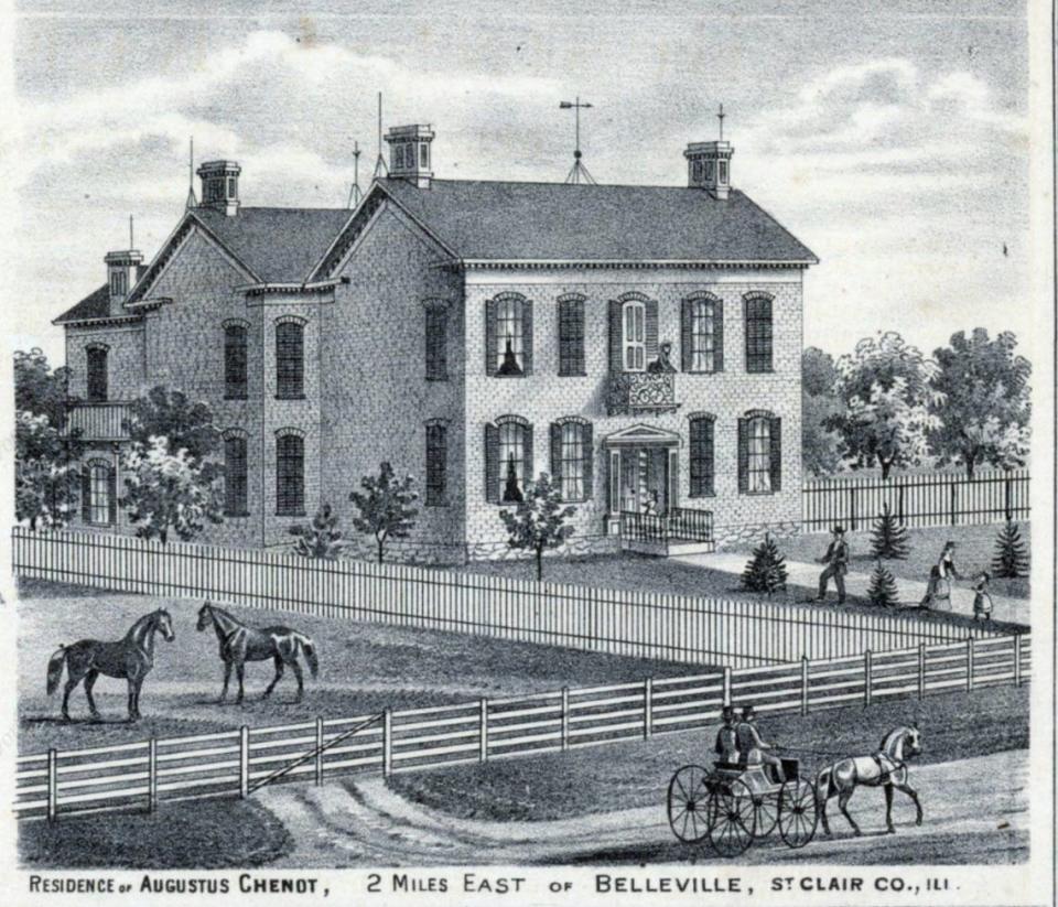A lithograph depicts the Chenot mansion in 1874. It was originally built for wealthy farmer Augustus Chenot, who moved into the home in 1857.
