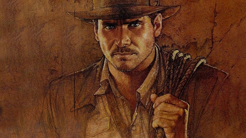 A classic illustration shows Indiana Jones looking seriously at the viewer, his whip rolled up over his shoulder.