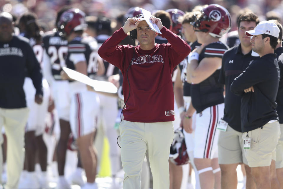 South Carolina head coach Shane Beamer grows frustrated with poor execution during the first half of an NCAA college football game against Jacksonville State on Saturday, Nov. 4, 2023, in Columbia, S.C. (AP Photo/Artie Walker Jr.)