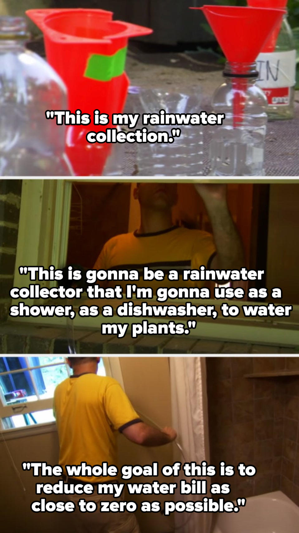 A man setting up water bottles in his backyard to catch rain and funneled through a tube into his bathroom