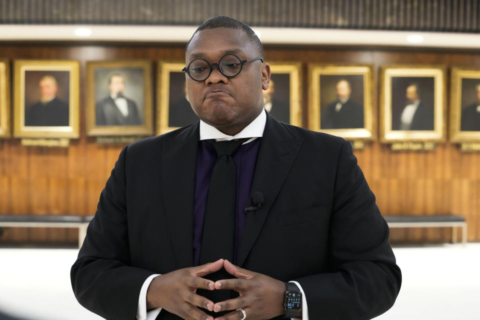 J. Lawrence Turner, pastor of Mississippi Boulevard Christian Church, speaks during an interview at City Hall with the Associated Press, in response to the investigation of the death of Tyre Nichols, who died after being beaten by Memphis police officers, in Memphis, Tenn., Tuesday, Jan. 24, 2023. (AP Photo/Gerald Herbert)