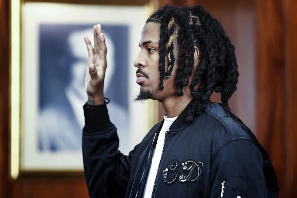 Memphis Grizzlies player Ja Morant appears in Judge Carol Chumney’s courtroom at Shelby County Circuit Court, Monday, Dec. 11, 2023, in Memphis, Tenn. (Mark Weber/Daily Memphian via AP, File)