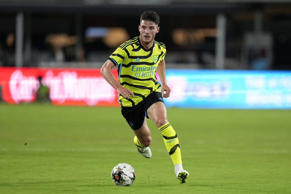 Arsenal midfielder Declan Rice drives the ball in the second half of the MLS All-Star soccer match against the MLS All-Stars, Wednesday, July 19, 2023, in Washington. (AP Photo/Alex Brandon)