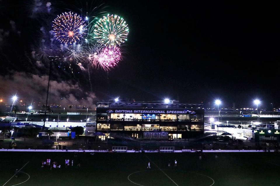 Fireworks go off after the first Daytona Soccer Fest for Fourth of July weekend at Daytona International Speedway on Sunday, July 3, 2022.