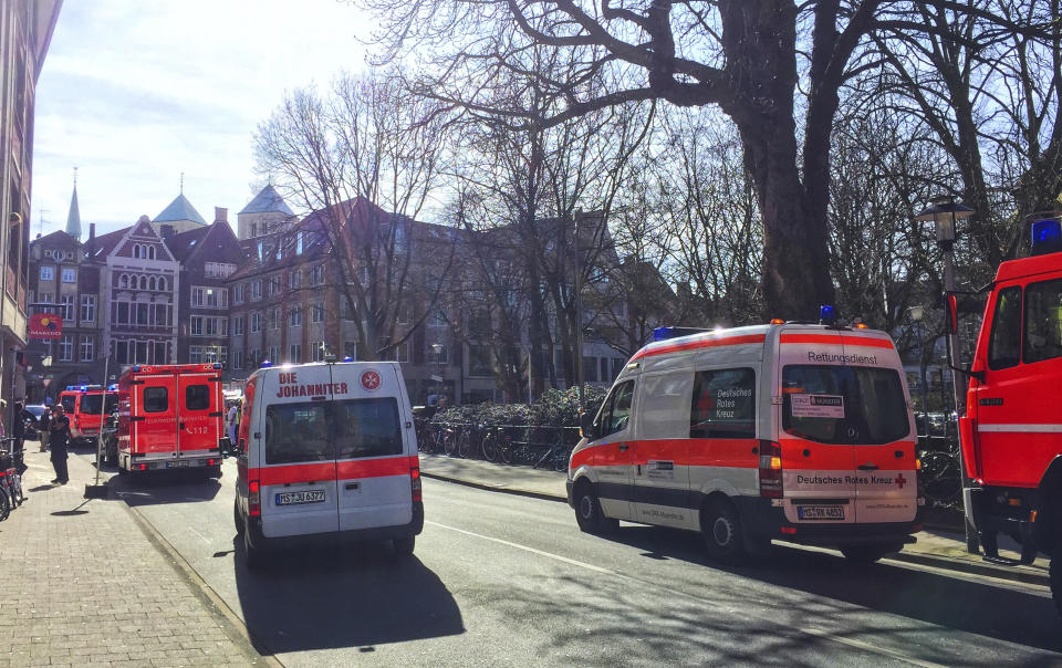 <p>Ambulances stand in downtown Muenster, Germany, Saturday, April 7, 2018. (Photo: dpa via AP) </p>