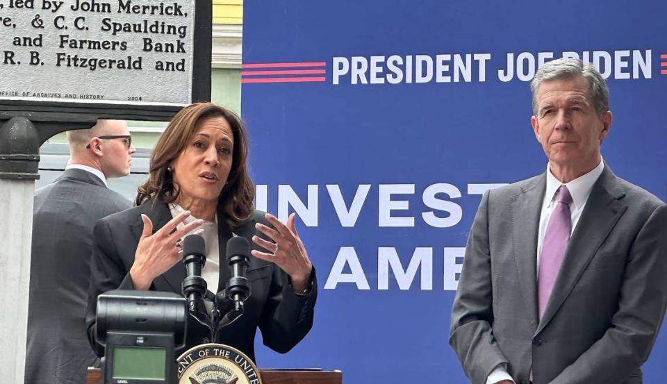 Vice President Kamala Harris, joined by N.C. Gov. Roy Cooper, speaks while visiting Durham’s historic Black Wall Street district on Friday March 1, 2024.