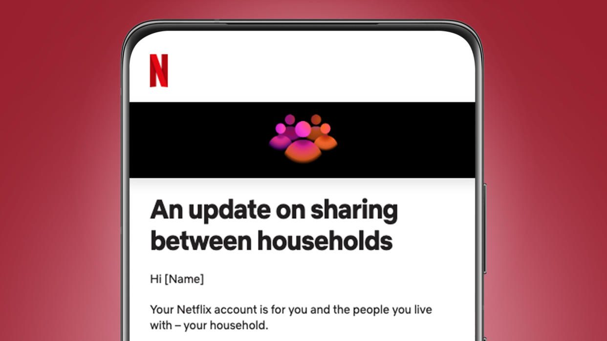  A phone screen showing an email from Netflix about password sharing. 