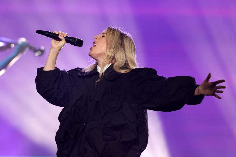 MANCHESTER, ENGLAND - OCTOBER 28: Singer Ellie Goulding performs during the UEFA Women's EURO 2022 Final Draw Ceremony on October 28, 2021 in Manchester, England. (Photo by Naomi Baker/Getty Images)