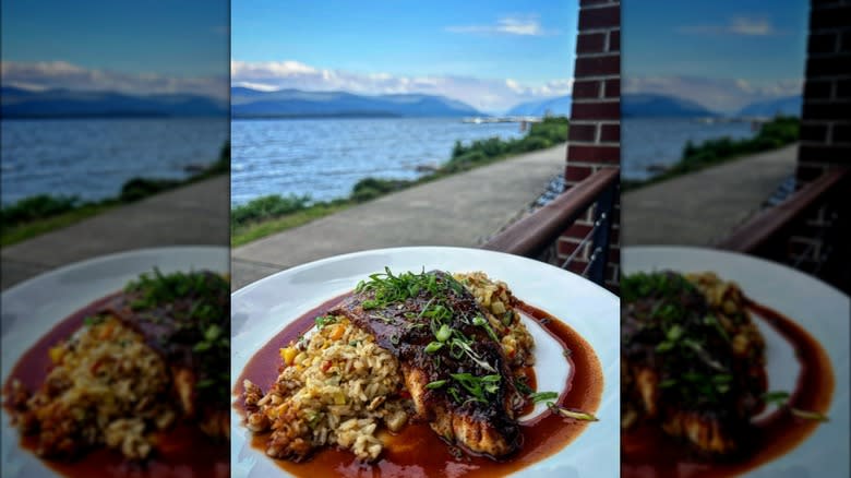 entree with waterfront background