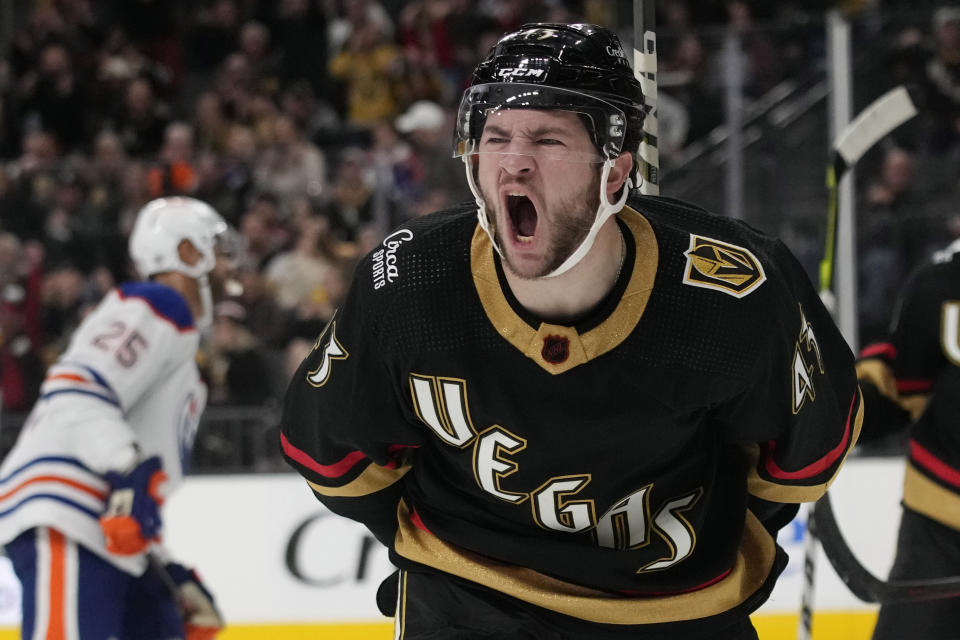 Vegas Golden Knights center Paul Cotter (43) celebrates after scoring against the Edmonton Oilers during the second period of an NHL hockey game Saturday, Jan. 14, 2023, in Las Vegas. (AP Photo/John Locher)