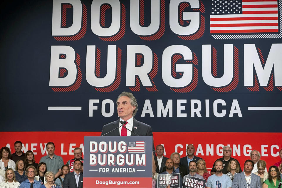 North Dakota Gov. Doug Burgum speaks as he kicks off his campaign for the 2024 Republican presidential nomination, Wednesday, June 7, 2023 in Fargo, N.D. Burgum, 66, joins a long list of contenders hoping to dent former President Donald Trump’s early lead in the race. The governor of the nation's fourth-least populous state announced his candidacy in The Wall Street Journal. (AP Photo/Mark Vancleave)