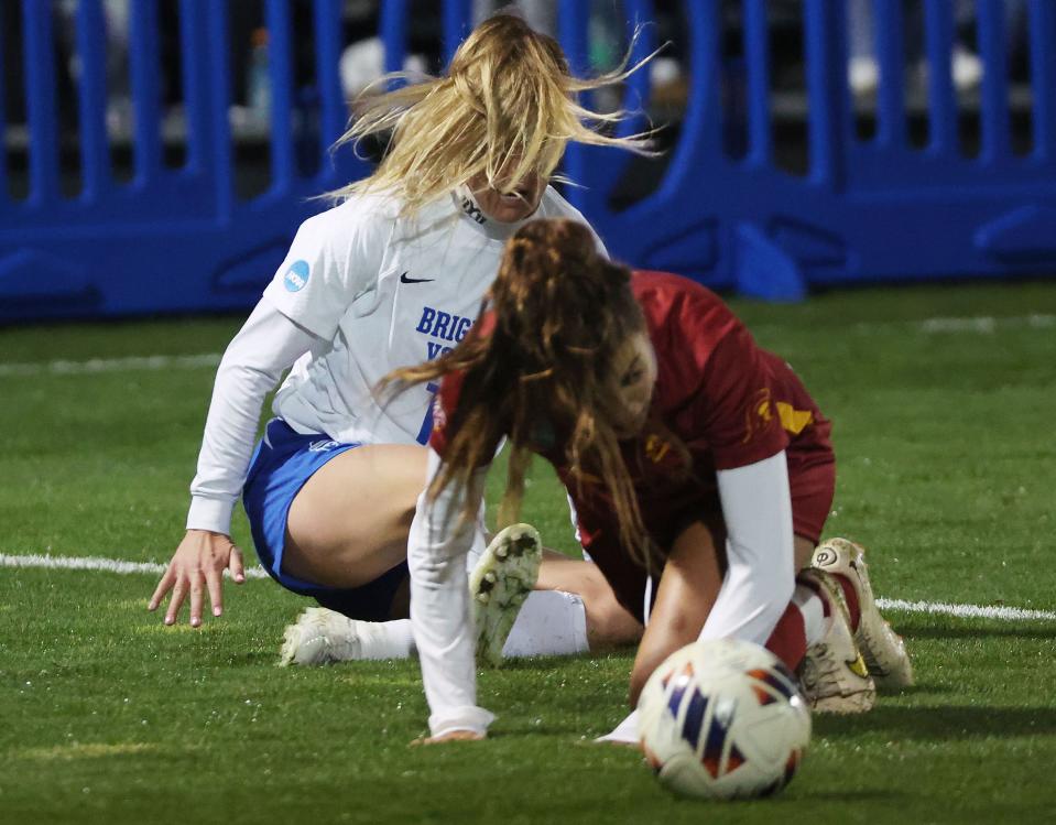 BYU forward Ellie Boren (11) and USC midfielder Helena Sampaio (22) compete during the second round of the NCAA championship in Provo on Thursday, Nov. 16, 2023. BYU won 1-0. | Jeffrey D. Allred, Deseret News