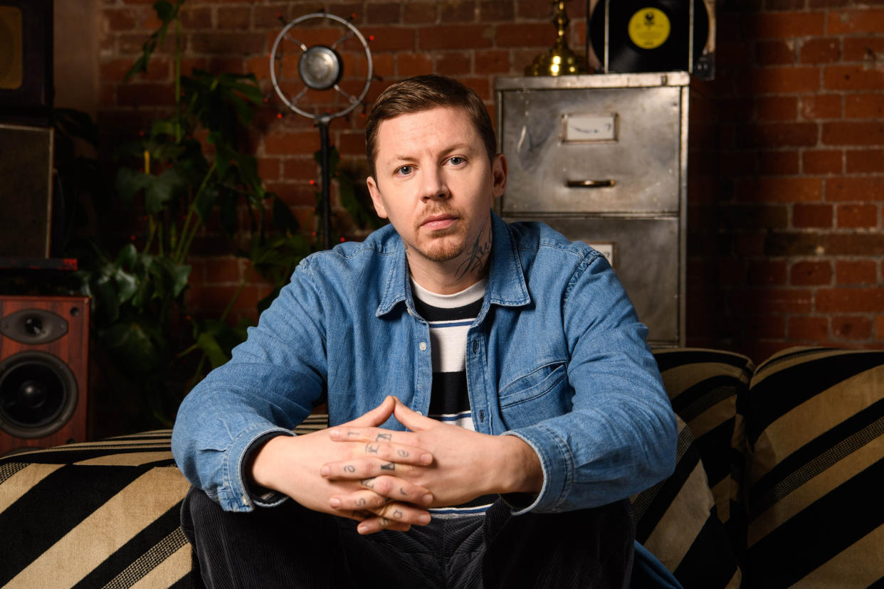 EDITORIAL USE ONLY Professor Green teaches children some rap basics as Amazon launch their Very Important Breakfast (VIB) Clubs, which are online tutorial videos for children, co-hosted by charity partner Magic Breakfast.