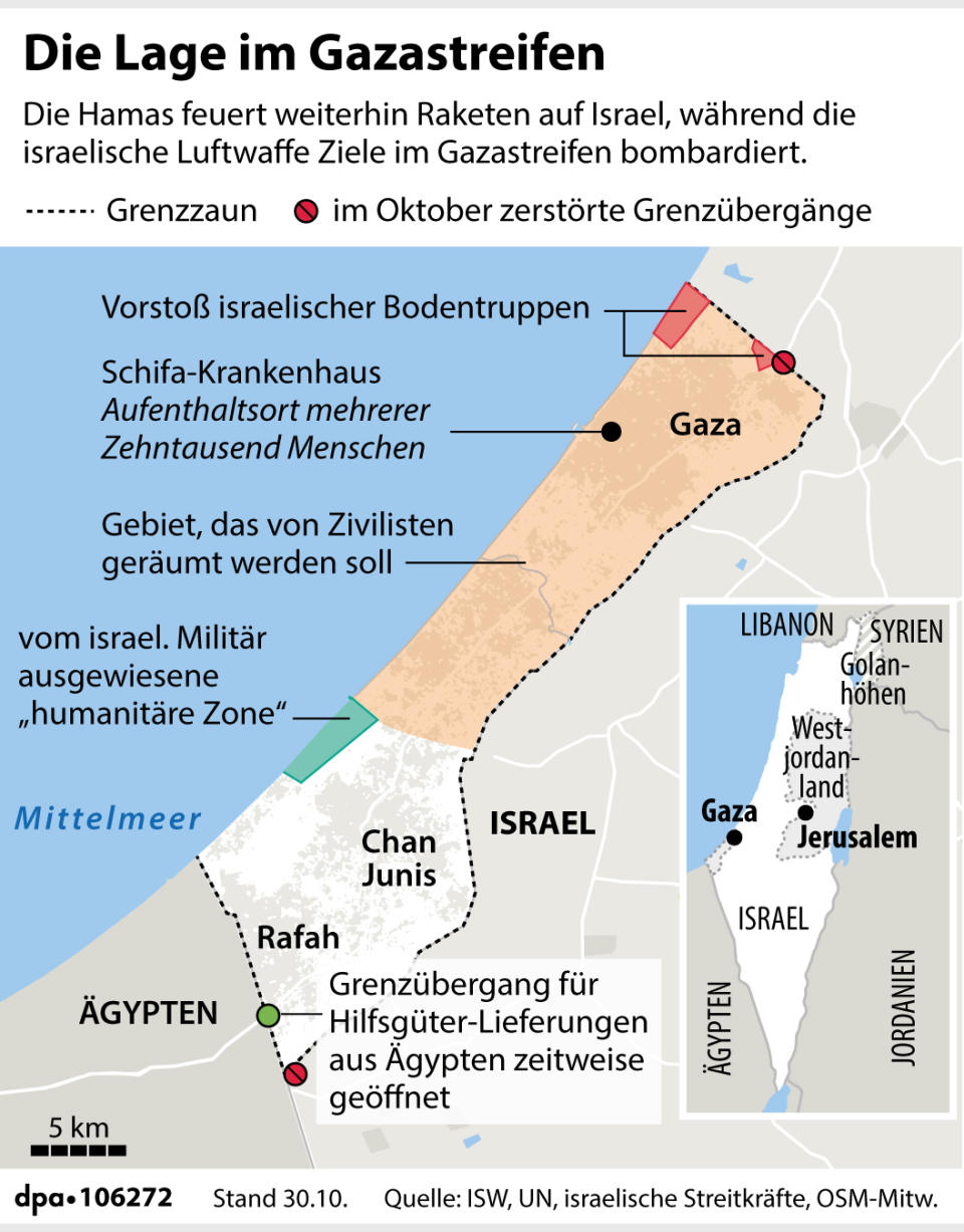 "Karte zur Situation im Gazastreifen (Aktualisierung)";Grafik: Bökelmann/Brühl/Zafirlis, Redaktion: Brühl/Schaller