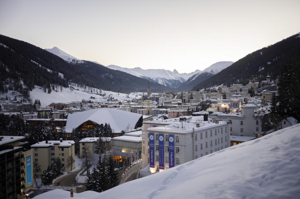 The village of Davos where the World Economic Forum will take place is covered by snow in Davos, Switzerland, Saturday, Jan. 13, 2024. The annual meeting of the World Economic Forum is taking place in Davos from Jan. 15 until Jan. 19, 2024.(AP Photo/Markus Schreiber)